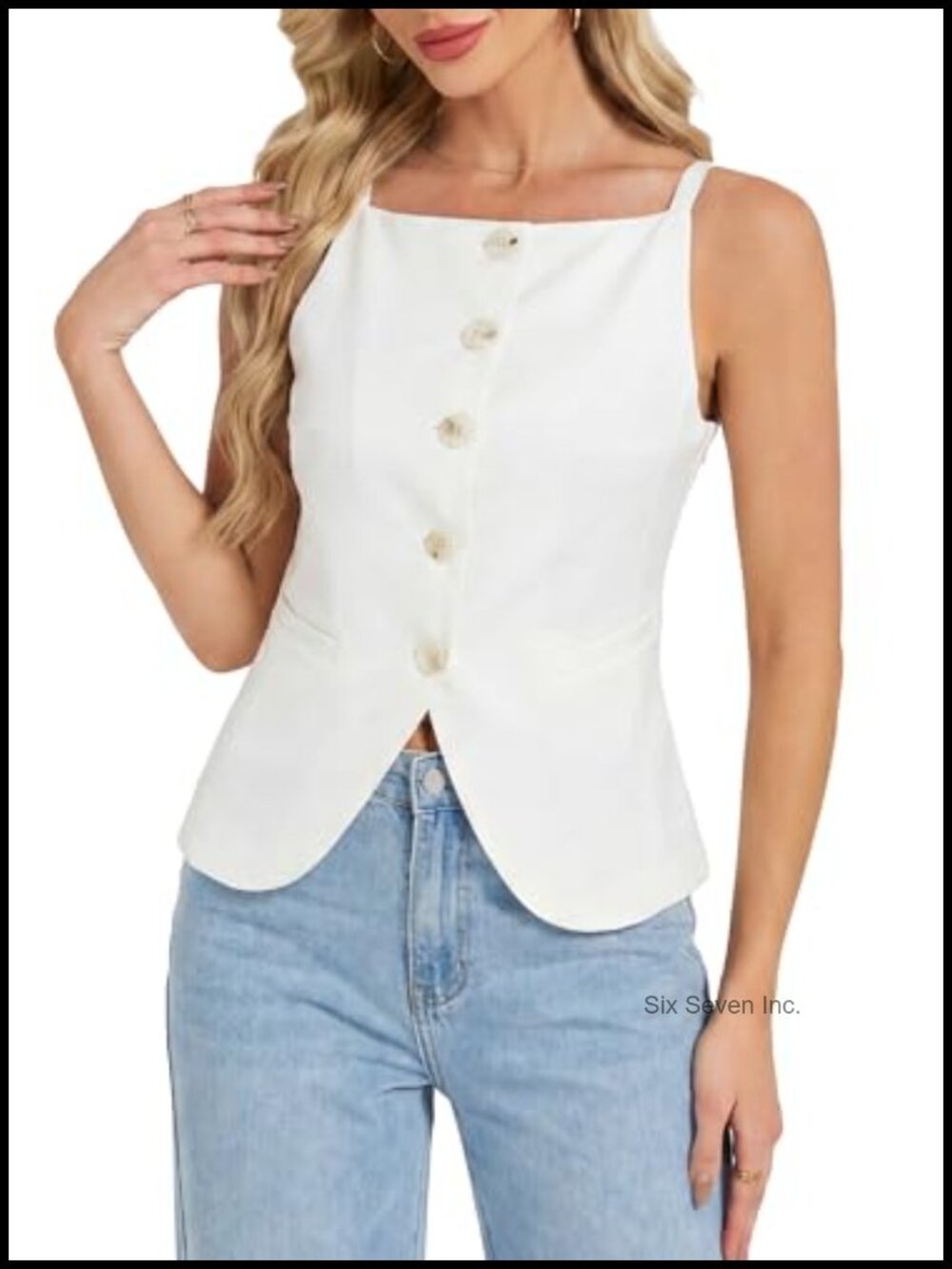 Stretchy Sleeveless Peplum Vest Button Down Square Neck Business Casual